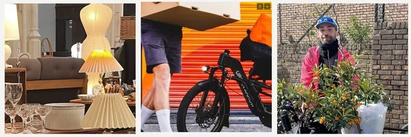 Triptych — lamp, cargo bike, man carrying plant