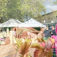 Double exposure — Columbia Road market and tropical leaves