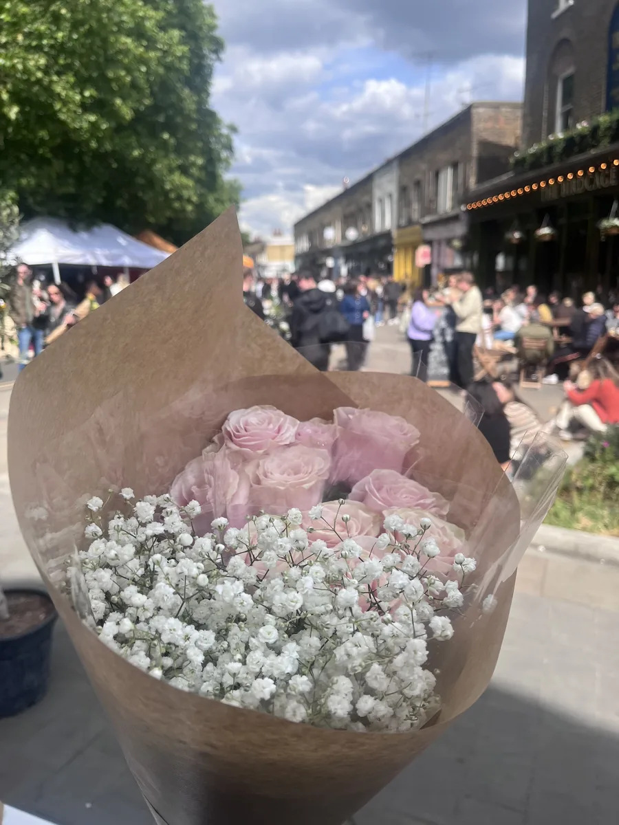 Last week: pink roses and gypsophila from Columbia Road